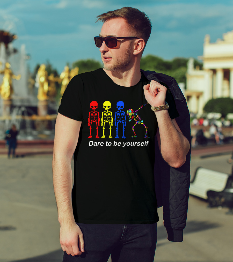 Dare To Be Yourself Autism Awareness Multicolor Skeleton Dance T-Shirt