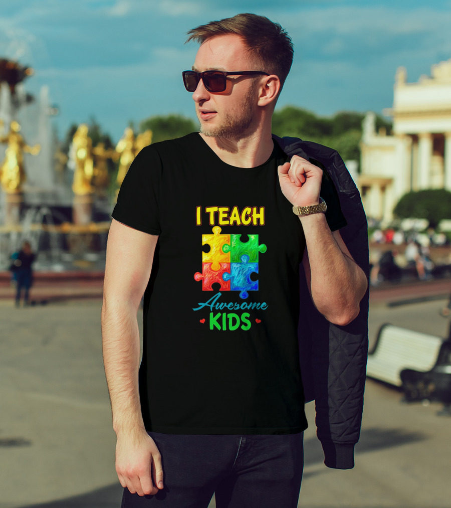 I Teach Awesome Kids Autism Puzzle Pieces T-Shirt