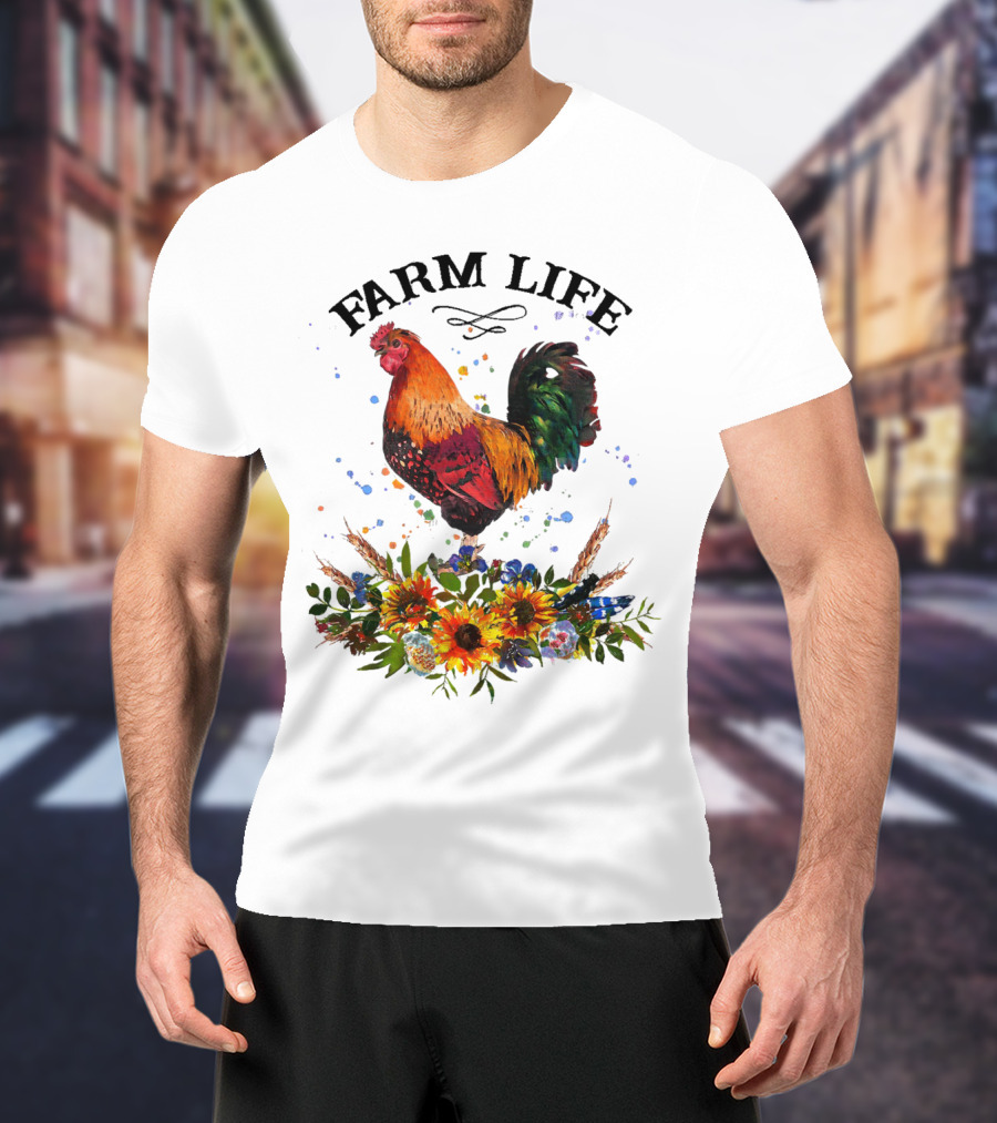 Farm Life Chicken Rooter With Colorful Rooster And Floral Arrangement T-Shirt
