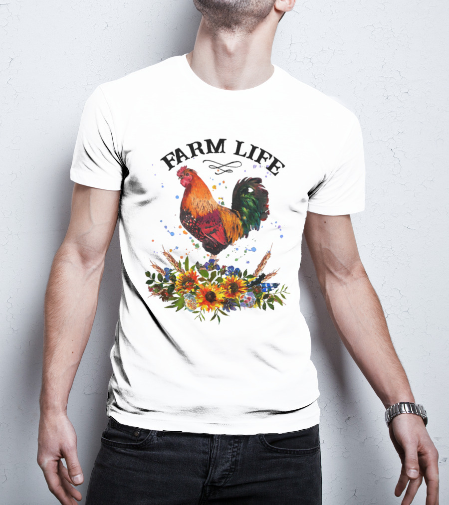Farm Life Chicken Rooter With Colorful Rooster And Floral Arrangement T-Shirt