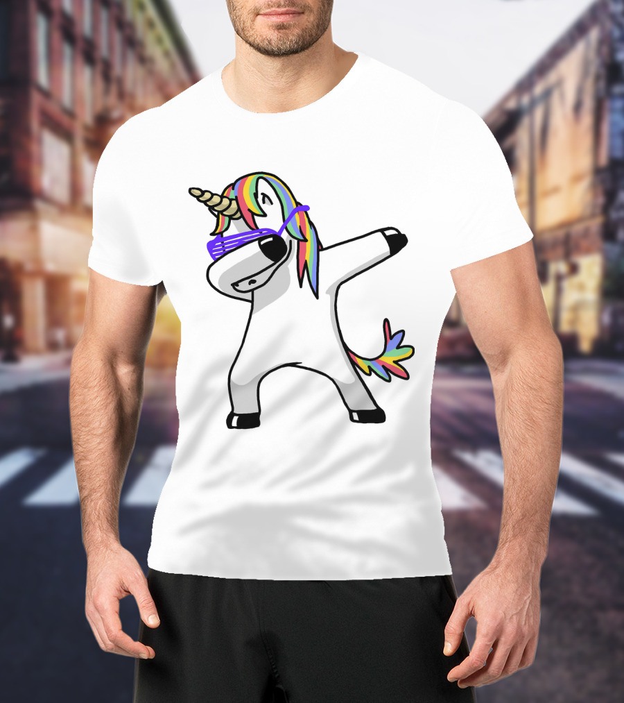 Colorful Rainbow Mane Unicorn In Dabbing Pose With Sunglasses T-Shirt