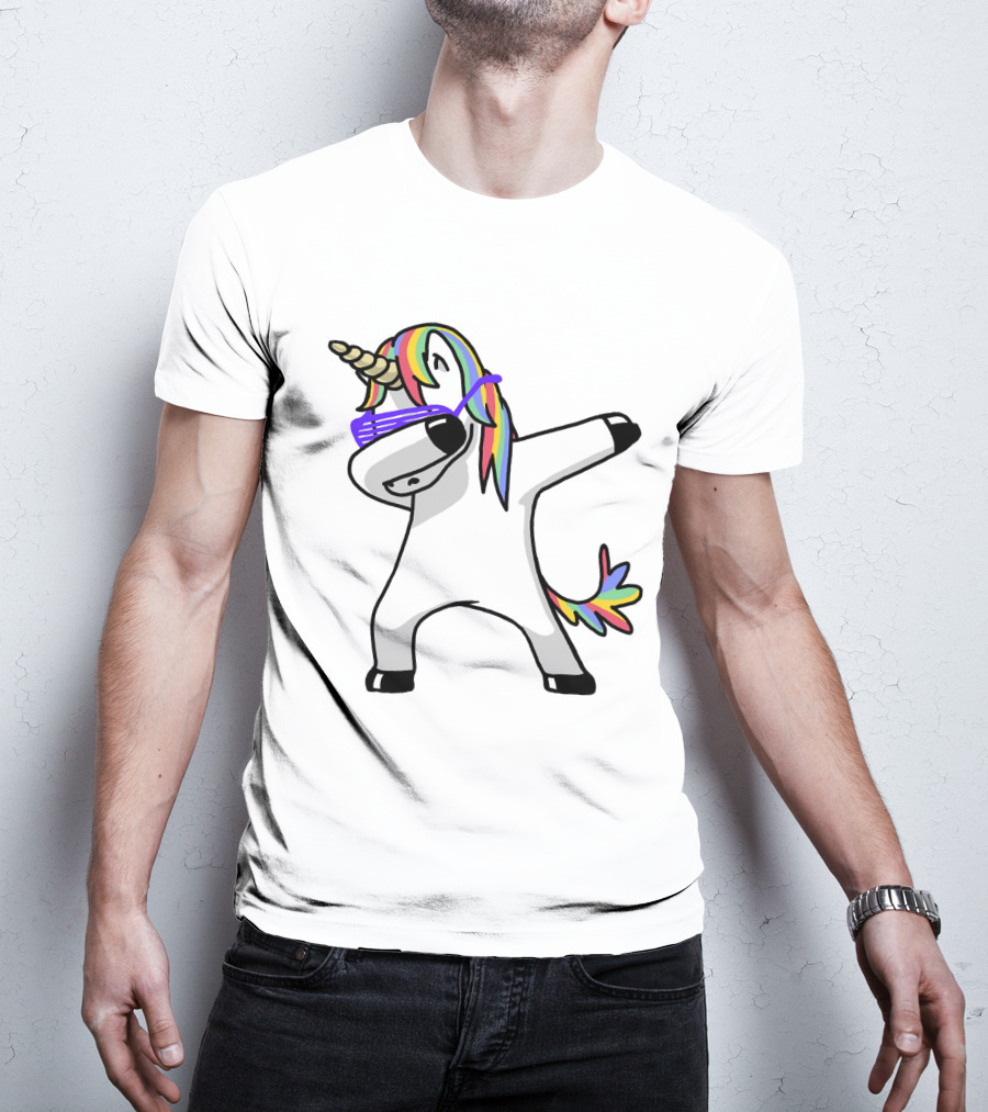 Colorful Rainbow Mane Unicorn In Dabbing Pose With Sunglasses T-Shirt