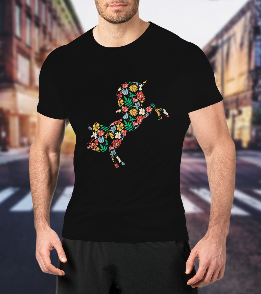 Unicorn Flower Silhouette With Vibrant Floral T-Shirt