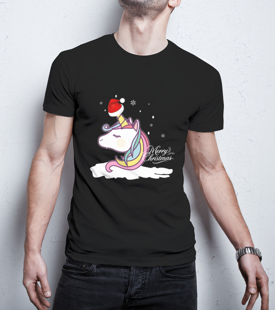 Unicorn Merry Christmas Snowflakes Santa Hat T-Shirt