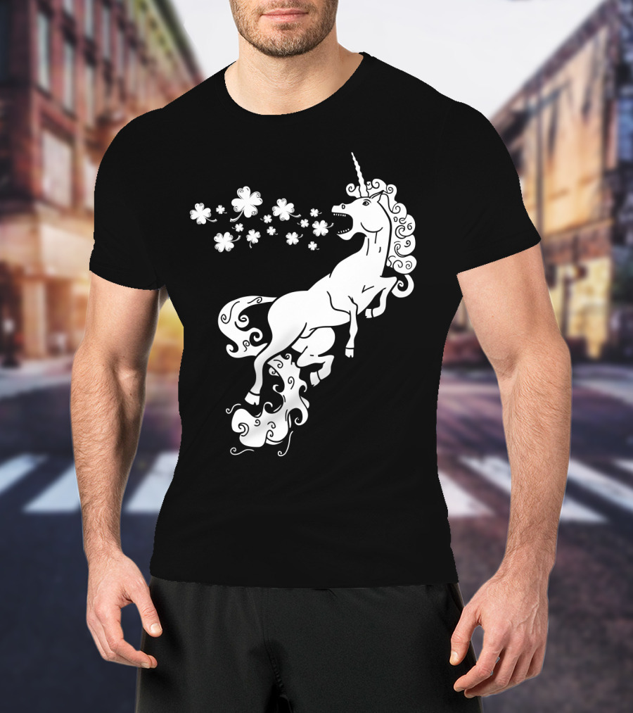 Unicorn Blowing Shamrock Flowers Mystical T-Shirt
