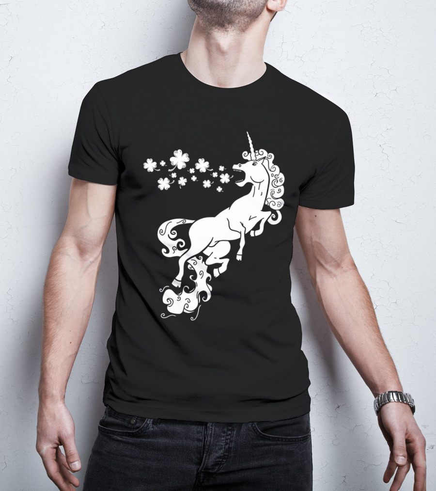Unicorn Blowing Shamrock Flowers Mystical T-Shirt