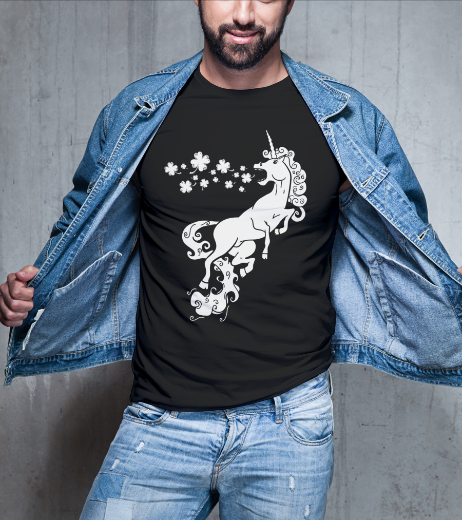 Unicorn Blowing Shamrock Flowers Mystical T-Shirt
