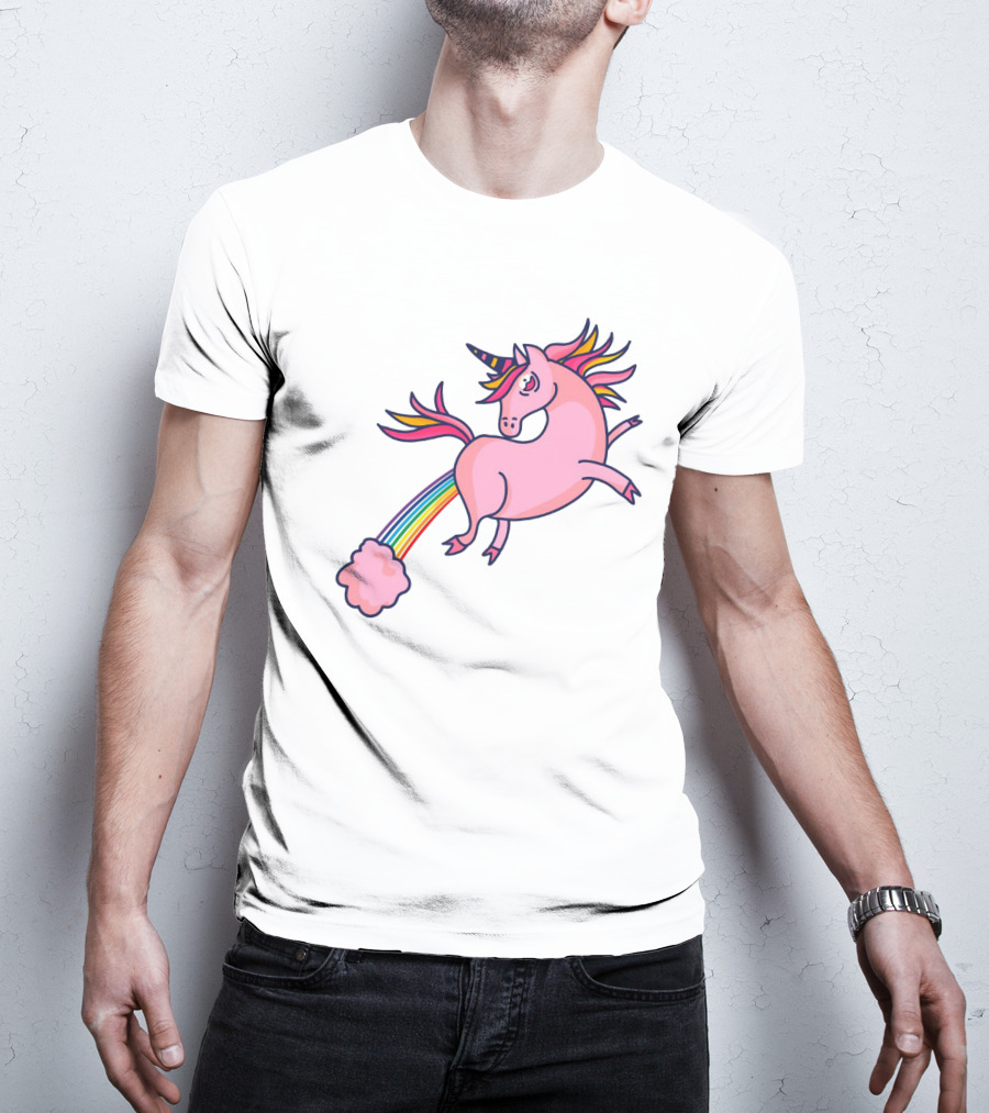 Magical Unicorn With Rainbow Tail And Puffy Clouds T-Shirt