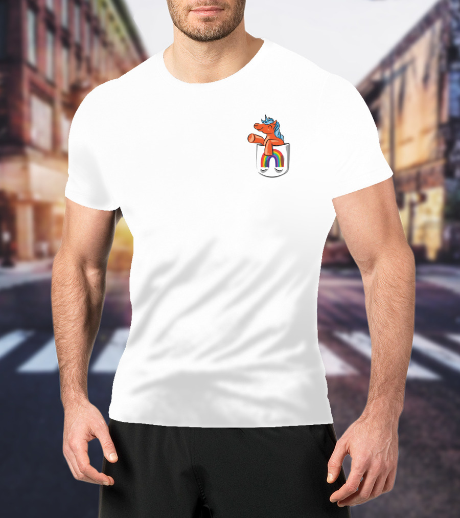 Orange Unicorn With Rainbow Pocket Swirl T-Shirt