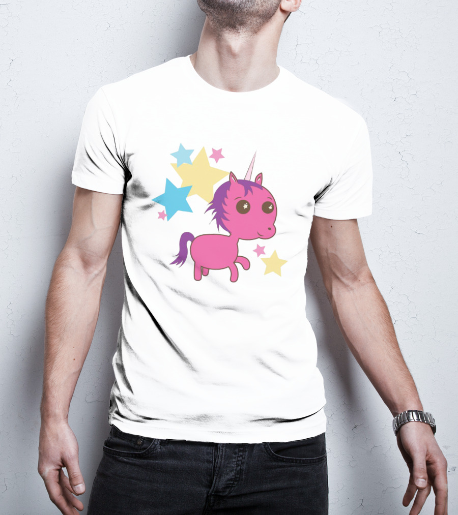 Pink Trippin Sparkles Unicorn With Colorful Stars T-Shirt