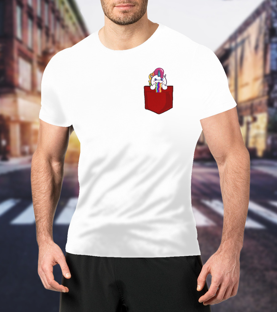 Crying Rainbow Unicorn In Red Pocket T-Shirt