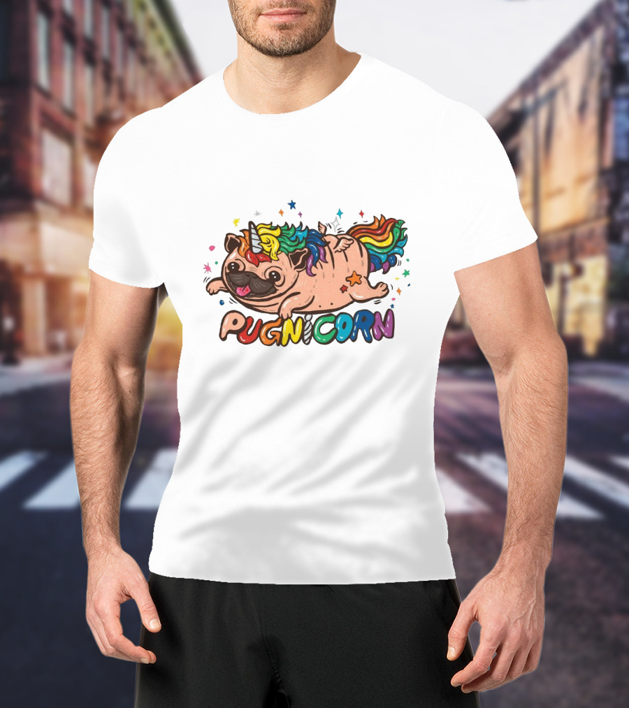 Pugnicorn Rainbow Unicorn Pug With Colorful Star Accents T-Shirt