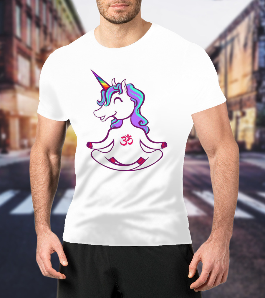 Colorful Yoga Unicorn With Om Symbol In Peaceful Pose T-Shirt