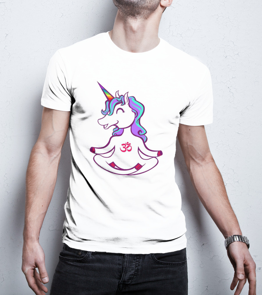 Colorful Yoga Unicorn With Om Symbol In Peaceful Pose T-Shirt
