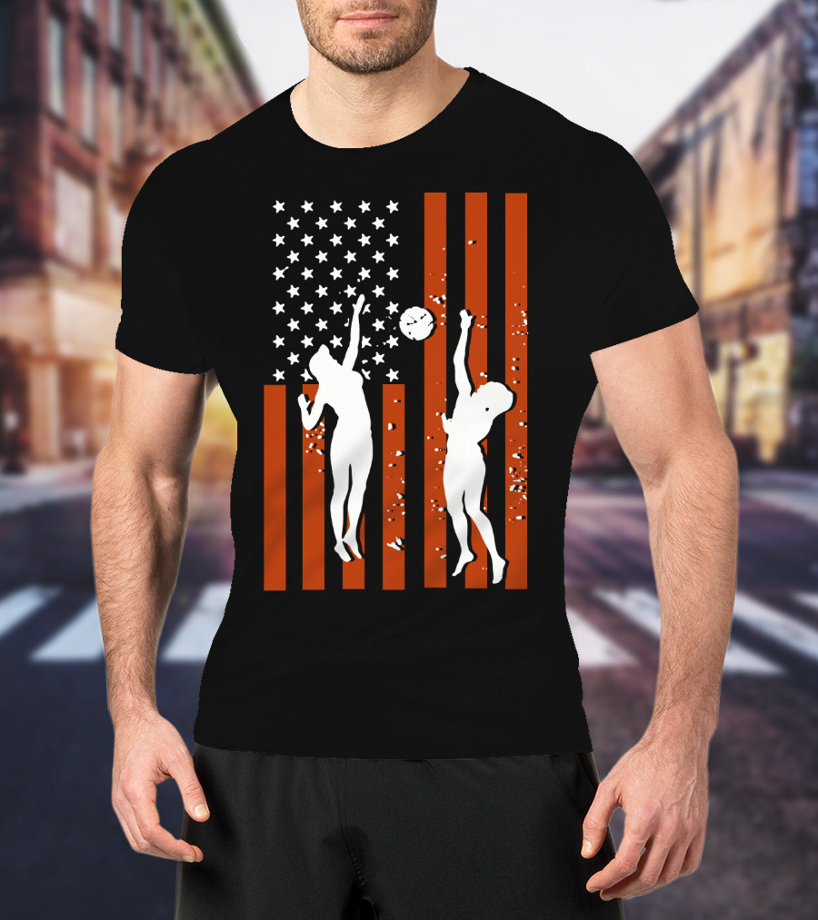 Volleyball Silhouettes Against American Flag Patriotic Sports Scene T-Shirt