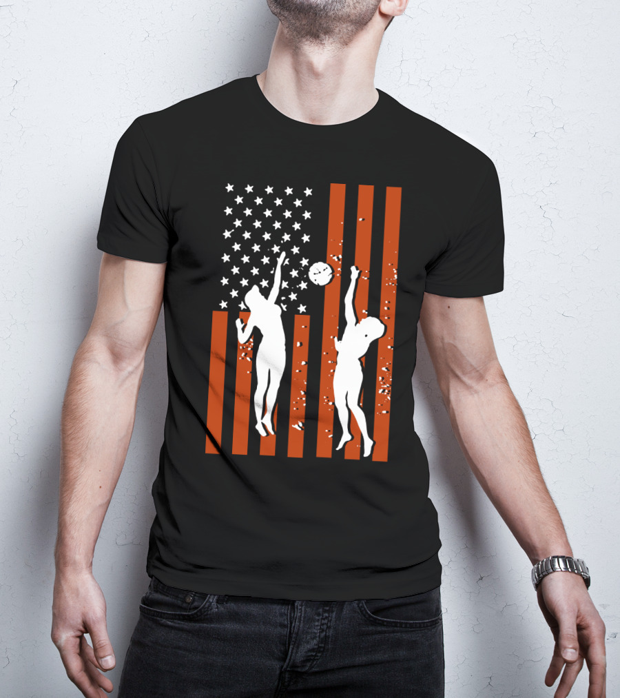 Volleyball Silhouettes Against American Flag Patriotic Sports Scene T-Shirt
