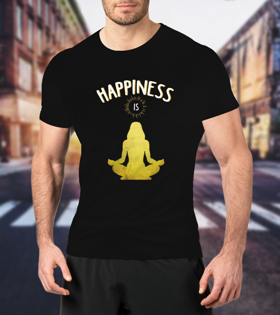 Happiness Is Yoga Meditation Silhouette In Yellow With Sunburst T-Shirt