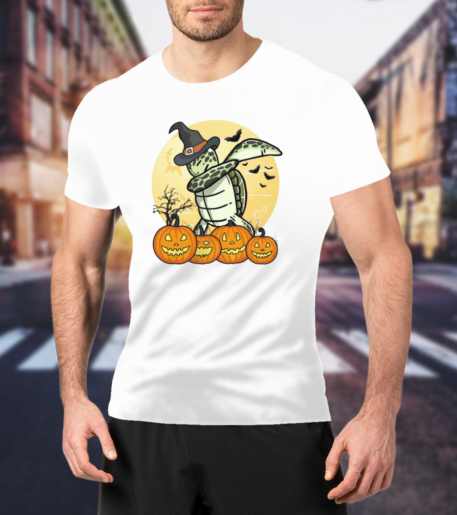Turtle Dabbing With Witch Hat And Pumpkins Halloween Dab Dance T-Shirt