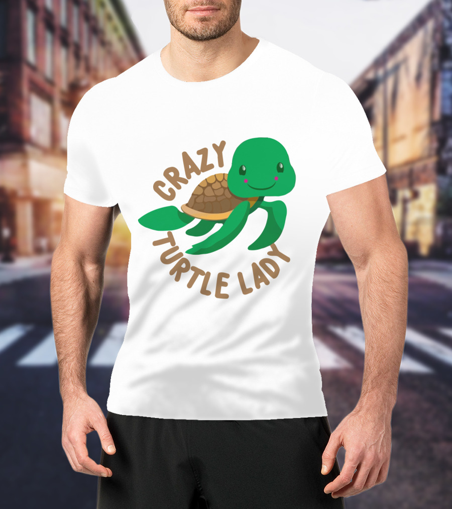 Crazy Turtle Lady Cute Green Cartoon Style Turtle With Happy Face T-Shirt