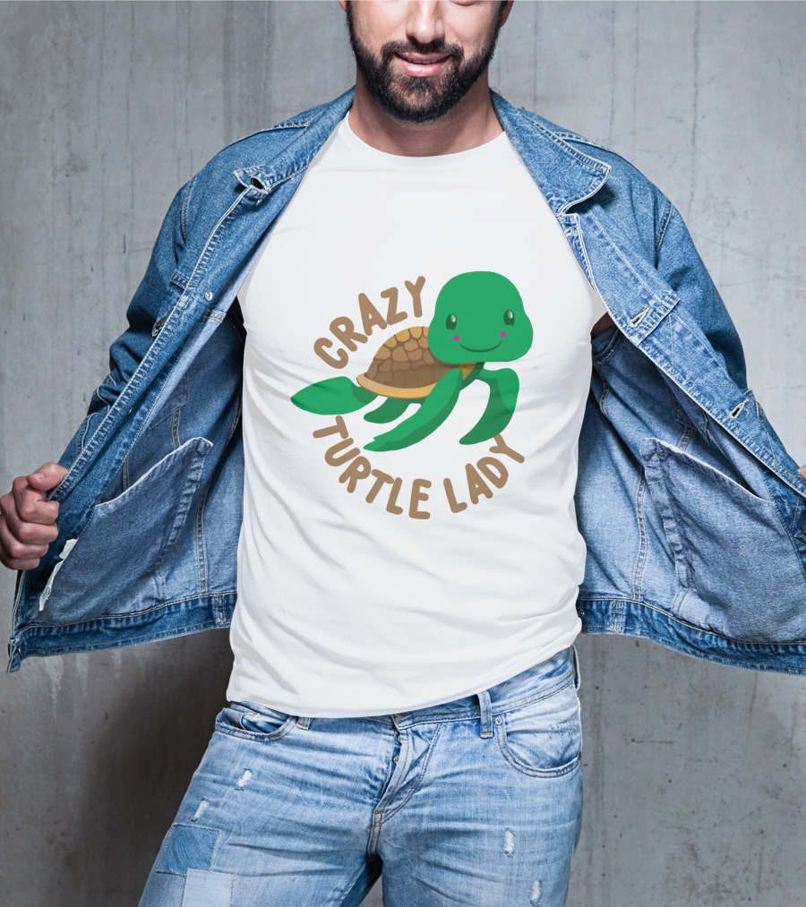 Crazy Turtle Lady Cute Green Cartoon Style Turtle With Happy Face T-Shirt