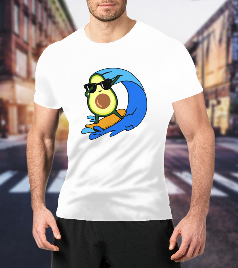 Avocado Wearing Sunglasses Riding Blue Ocean Wave T-Shirt