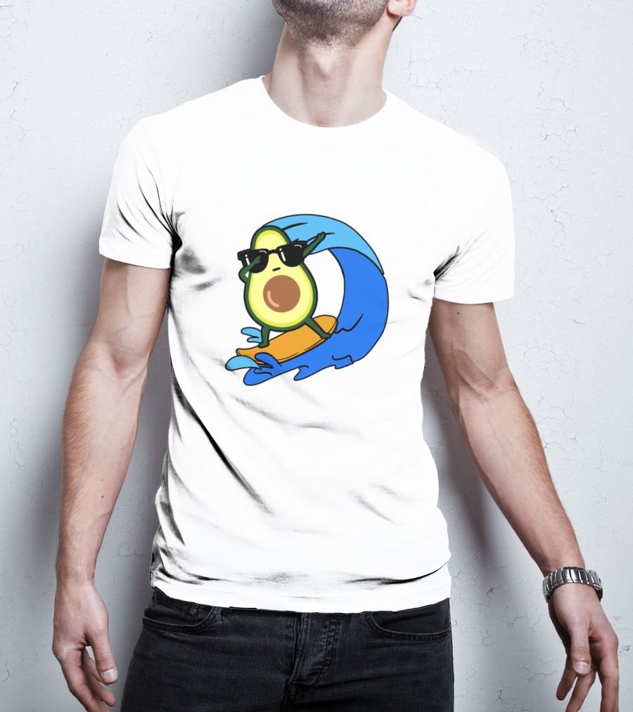 Avocado Wearing Sunglasses Riding Blue Ocean Wave T-Shirt