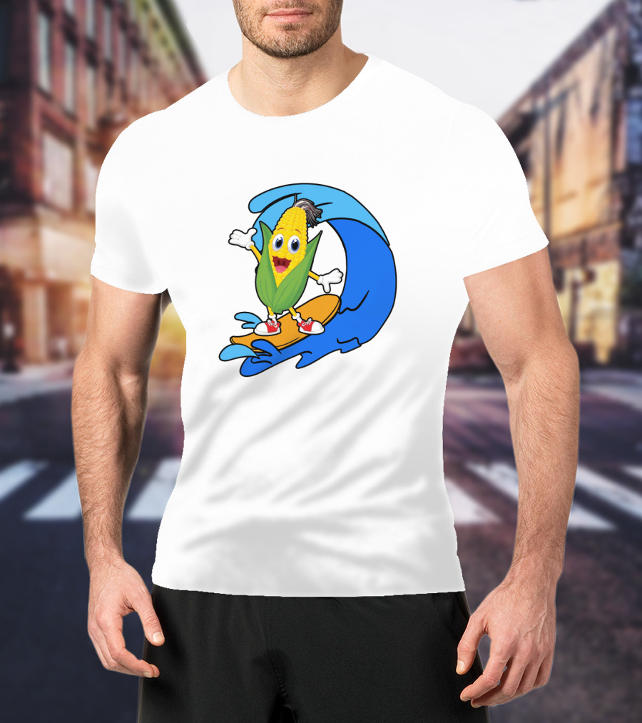Corn On Surfboard Riding Blue Ocean Wave T-Shirt