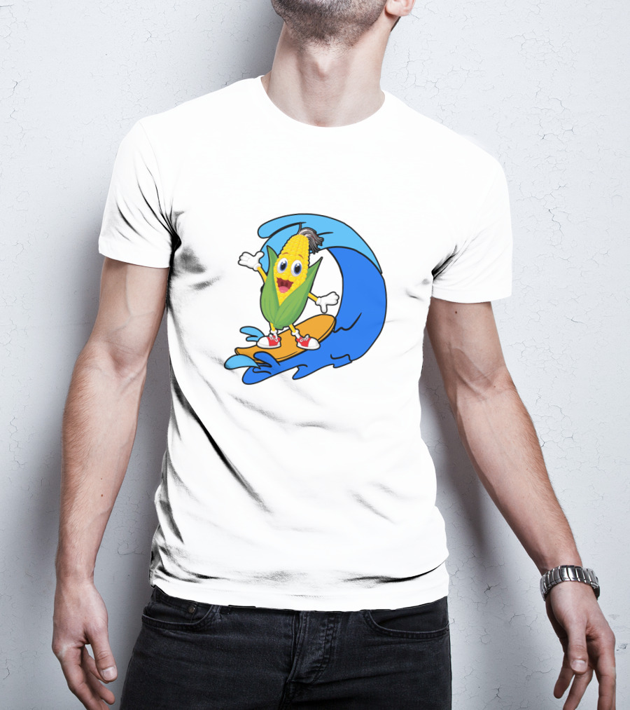 Corn On Surfboard Riding Blue Ocean Wave T-Shirt