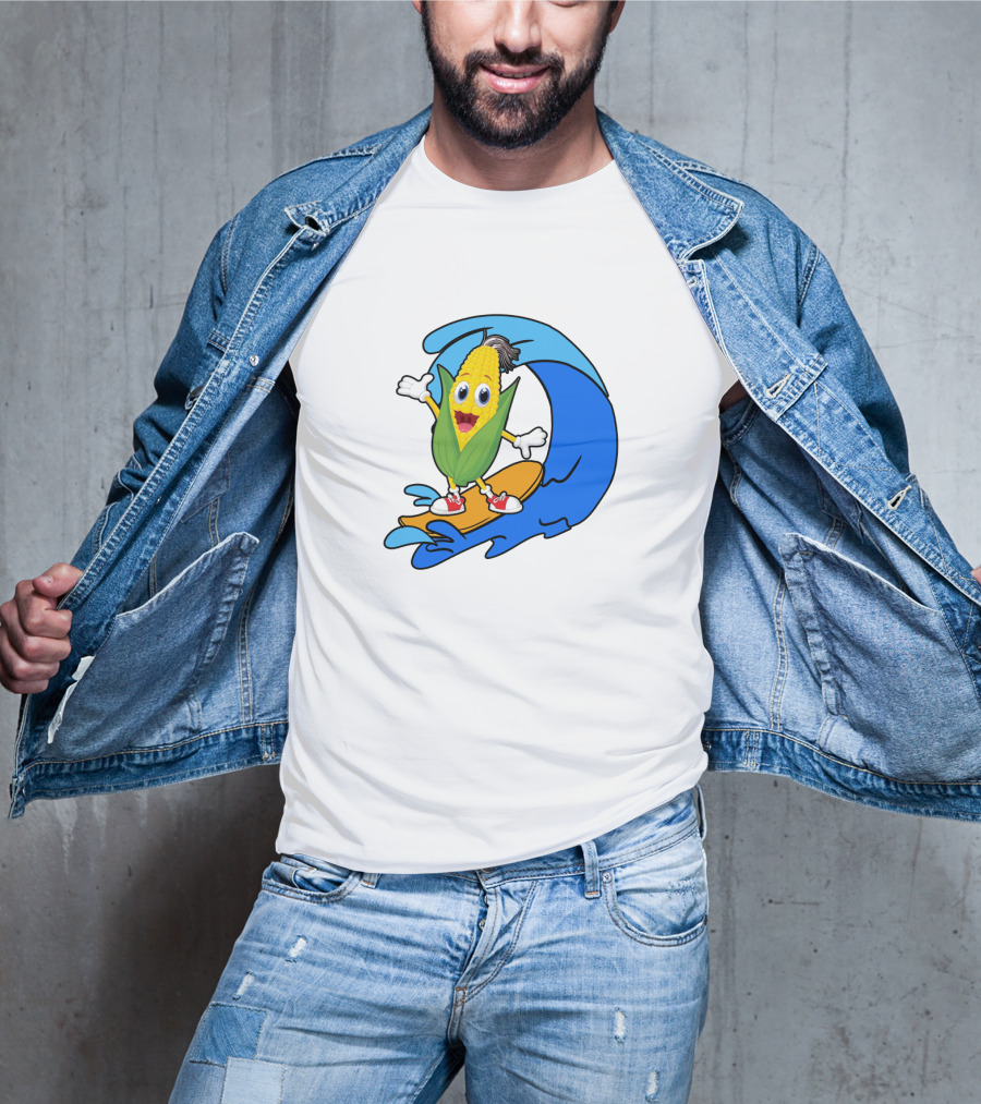 Corn On Surfboard Riding Blue Ocean Wave T-Shirt