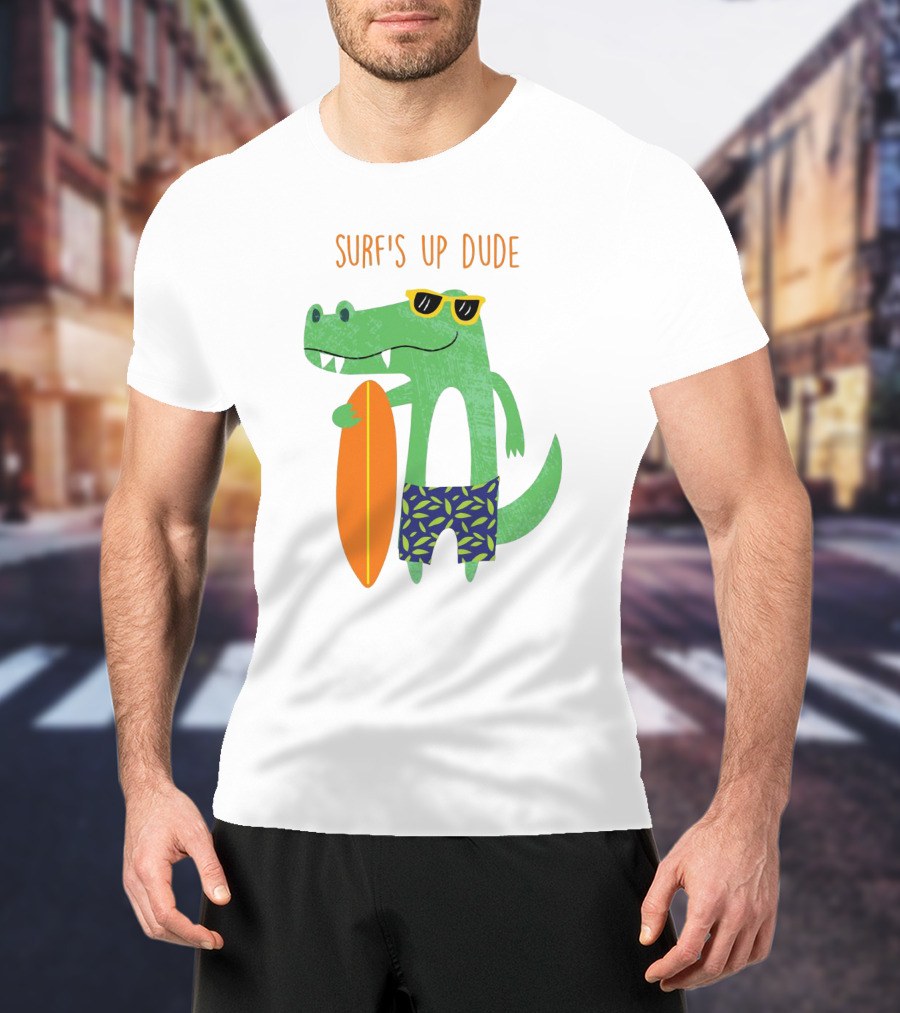 Surf's Up Dude Cool Crocodile In Sunglasses With Surfboard And Tropical Shorts T-Shirt