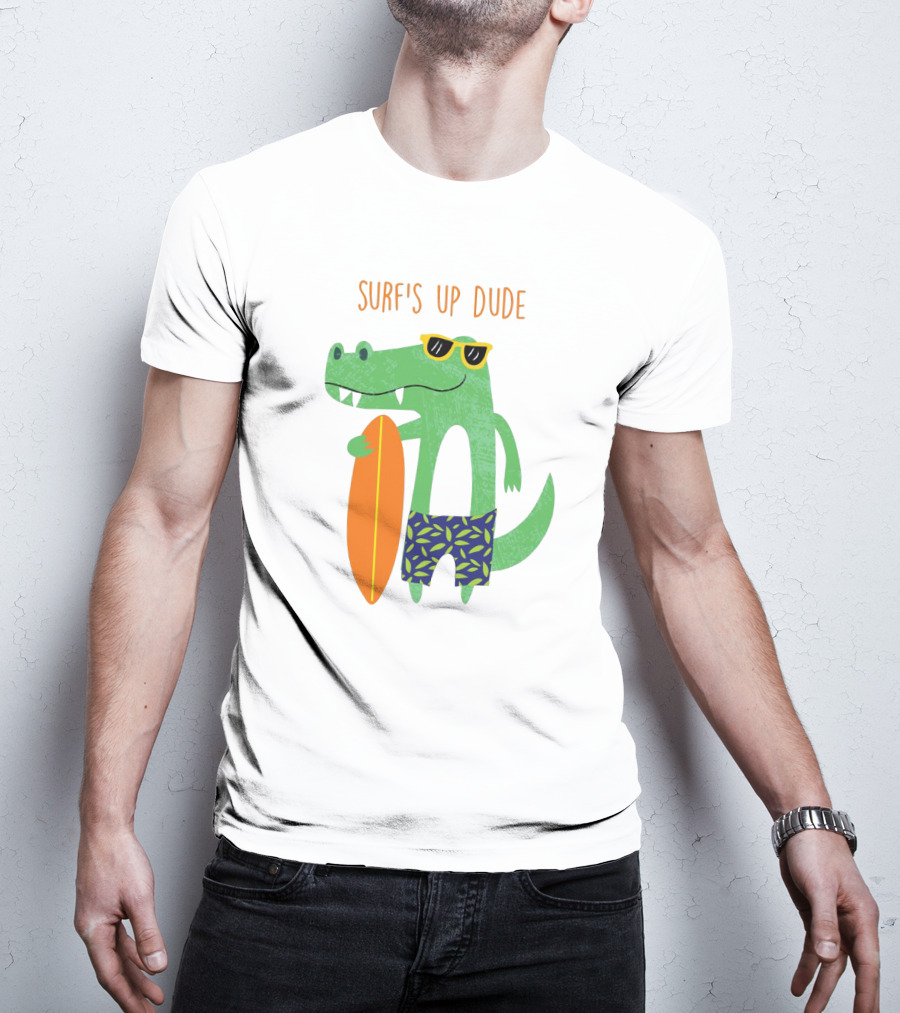 Surf's Up Dude Cool Crocodile In Sunglasses With Surfboard And Tropical Shorts T-Shirt