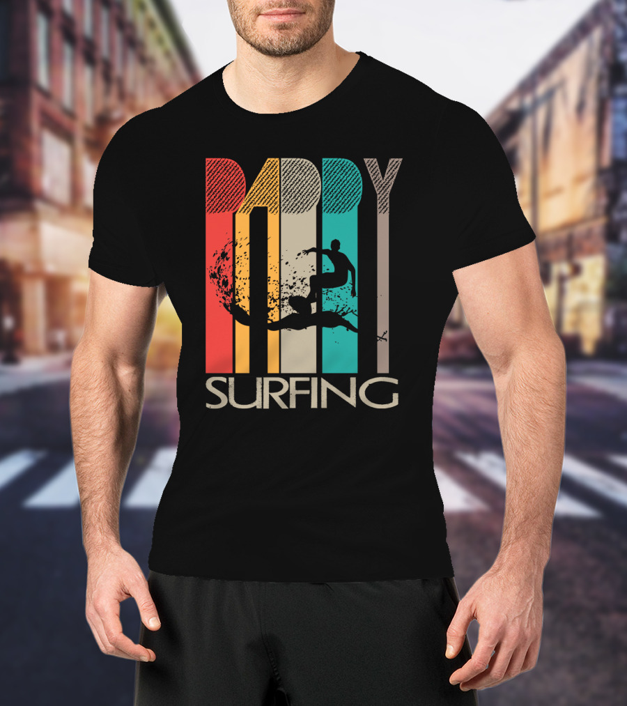 Vintage Daddy Surfing Silhouette With Retro Color Stripes T-Shirt