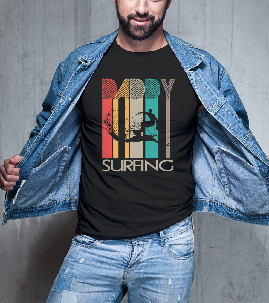 Vintage Daddy Surfing Silhouette With Retro Color Stripes T-Shirt