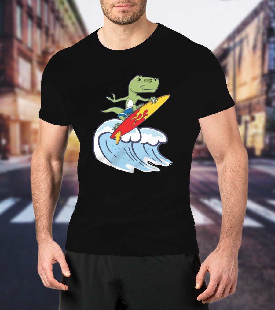 Dinosaur Riding Waves On Fiery Surfboard Ocean Adventure T-Shirt