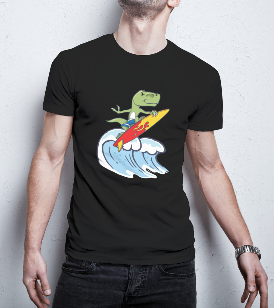 Dinosaur Riding Waves On Fiery Surfboard Ocean Adventure T-Shirt