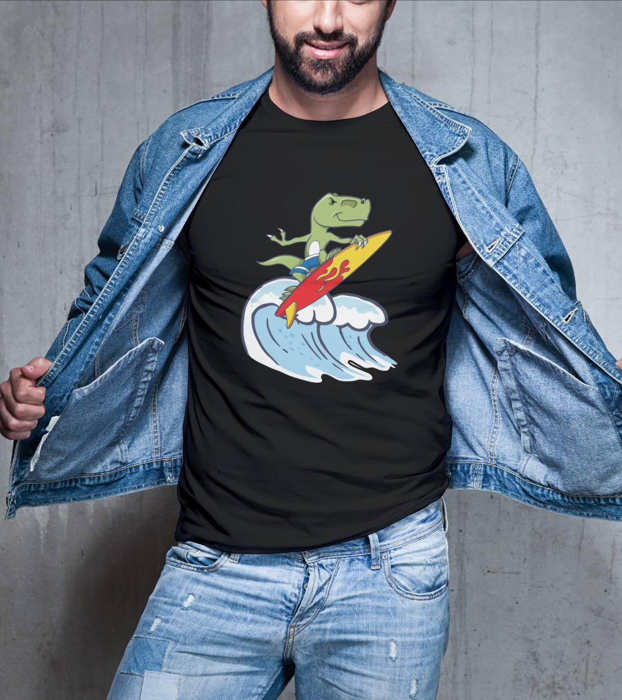 Dinosaur Riding Waves On Fiery Surfboard Ocean Adventure T-Shirt