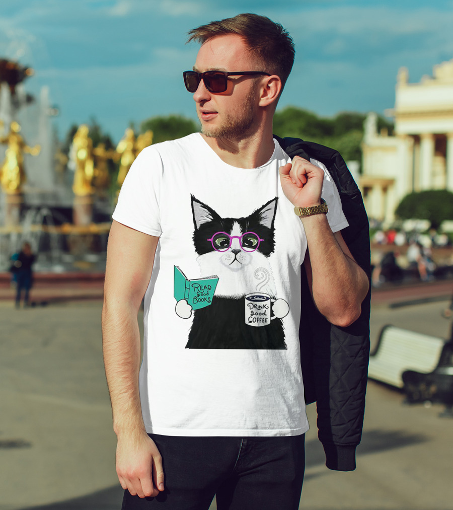 Read Good Books Drink Good Coffee Cat With Glasses T-Shirt