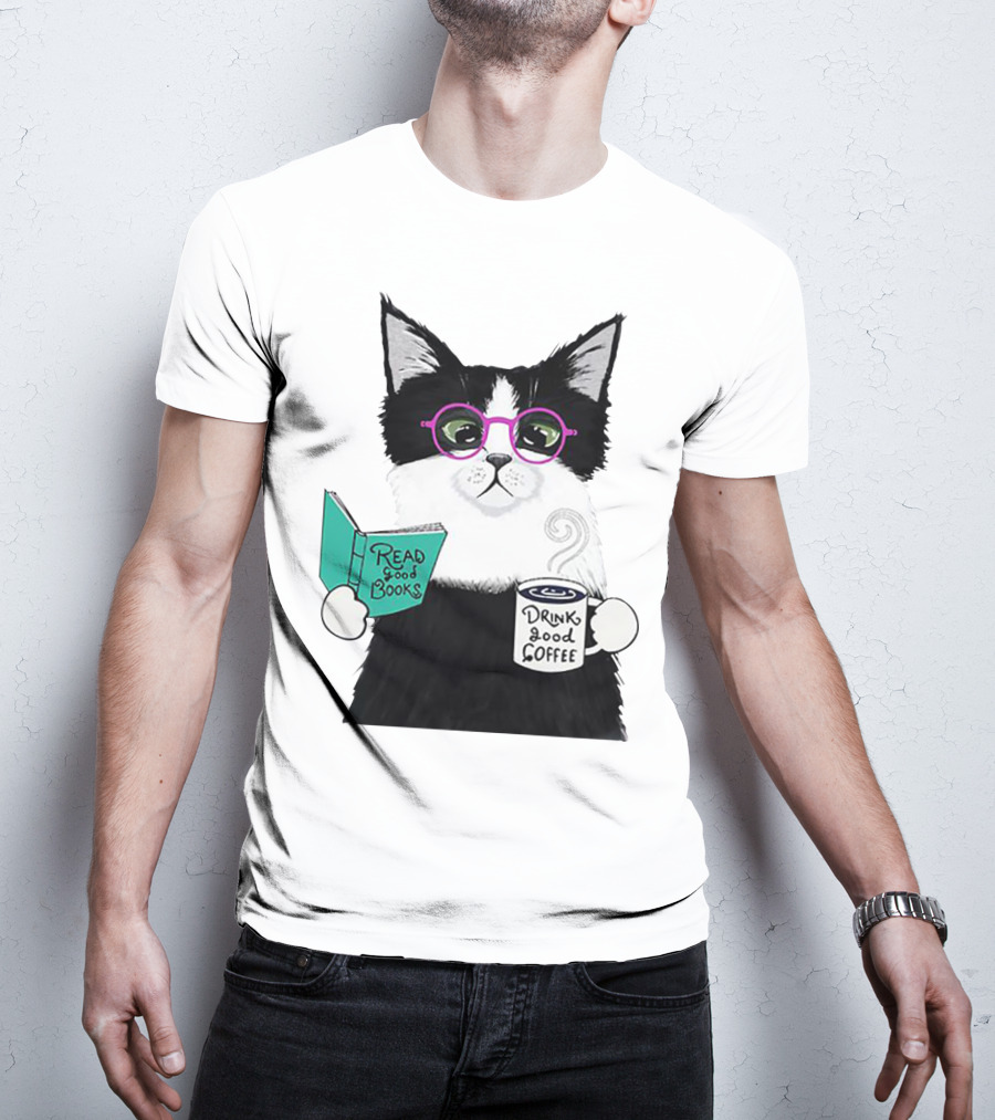 Read Good Books Drink Good Coffee Cat With Glasses T-Shirt