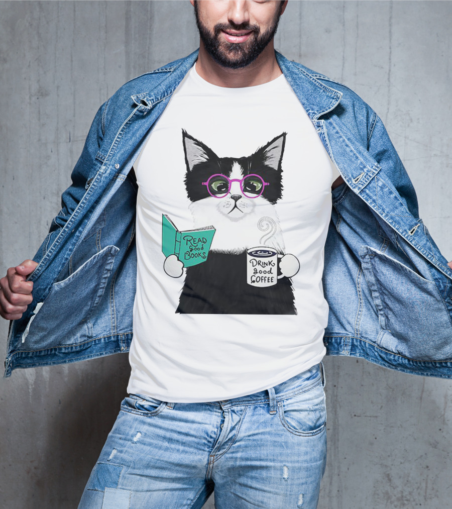 Read Good Books Drink Good Coffee Cat With Glasses T-Shirt