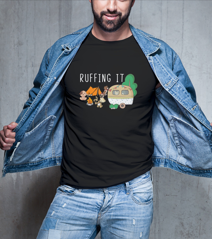 Ruffing It Camping With Dogs Tent Campfire And Caravan T-Shirt