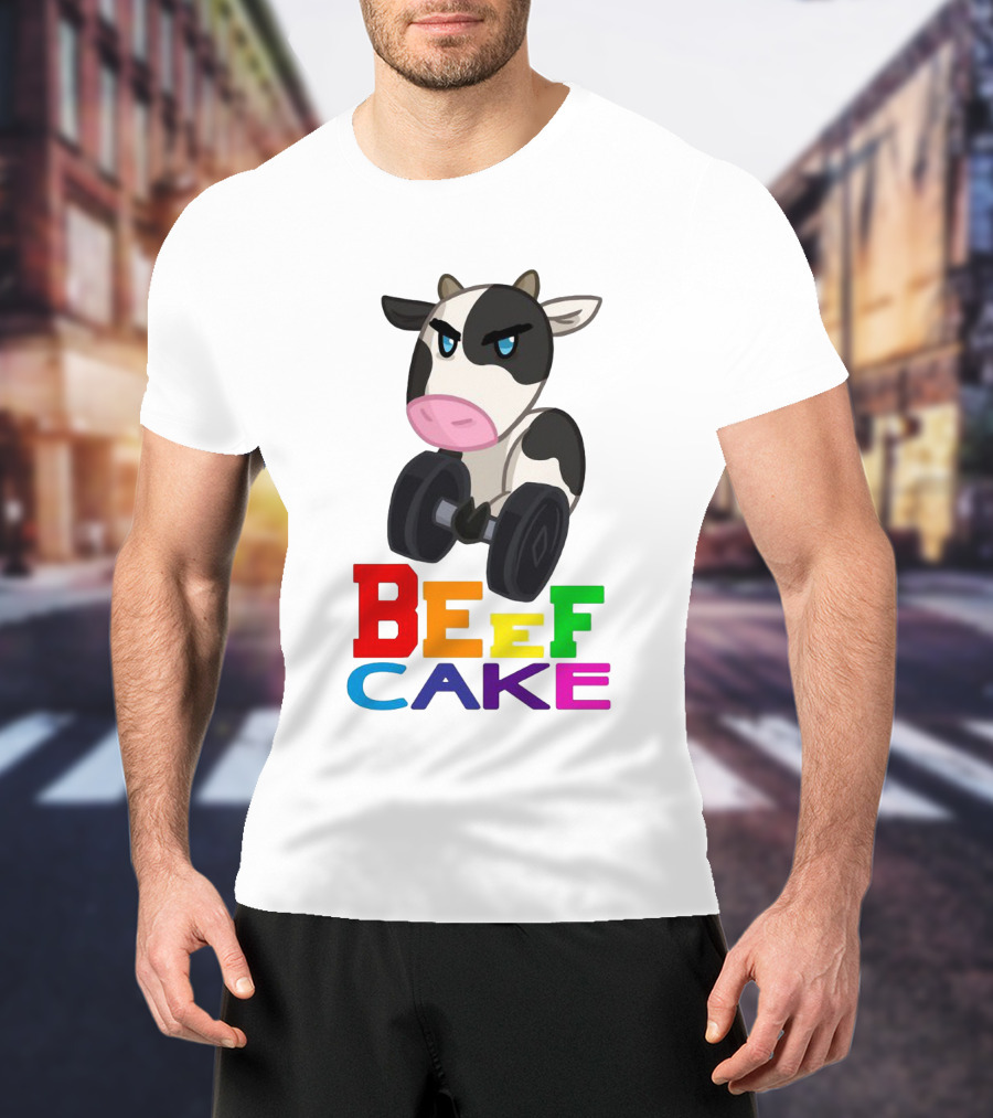 Beefcake Cow Lifting Dumbbells Cartoon T-Shirt