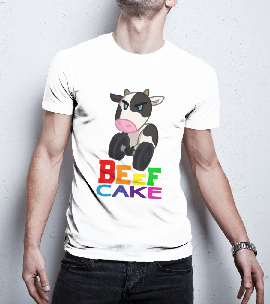 Beefcake Cow Lifting Dumbbells Cartoon T-Shirt