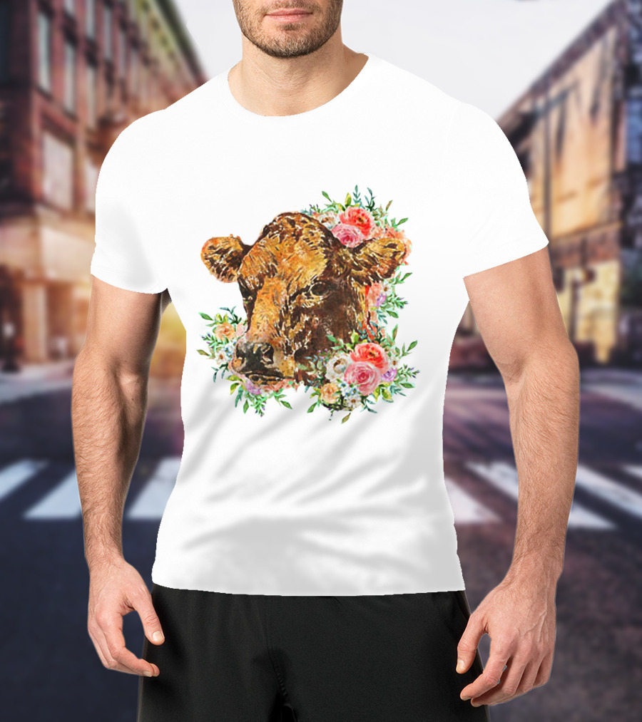 Cow With Floral Accents And Cute Cow Flower Style Motif T-Shirt