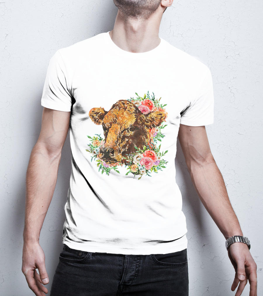 Cow With Floral Accents And Cute Cow Flower Style Motif T-Shirt