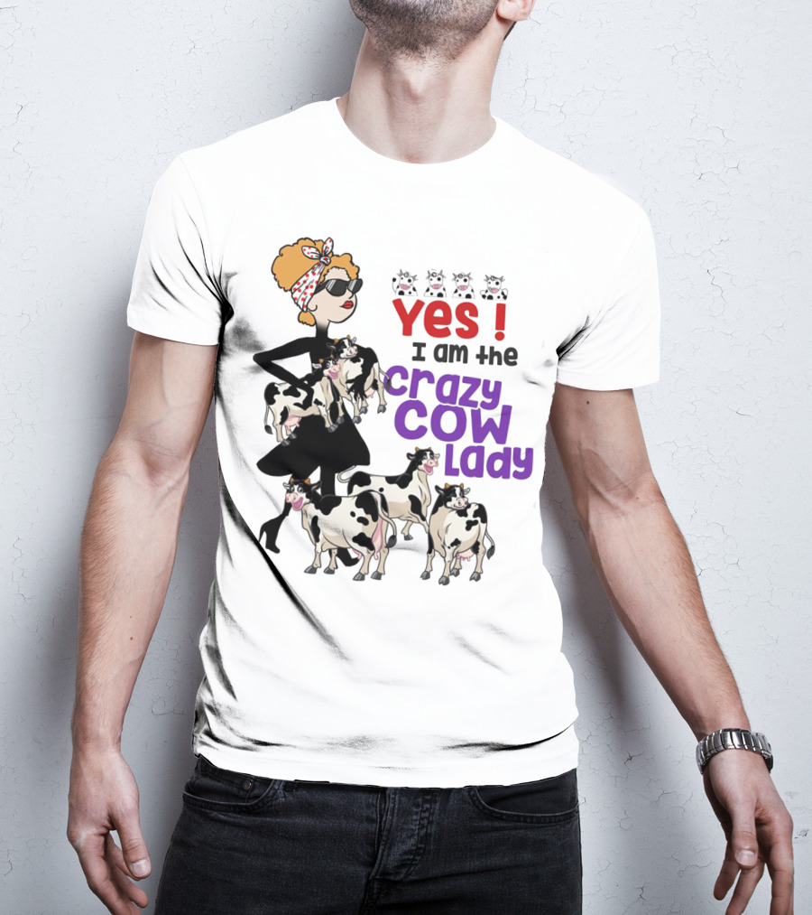 Yes I Am The Crazy Cow Lady With Cartoon Cows And Stylish Woman In Red Bandana And Sunglasses T-Shirt
