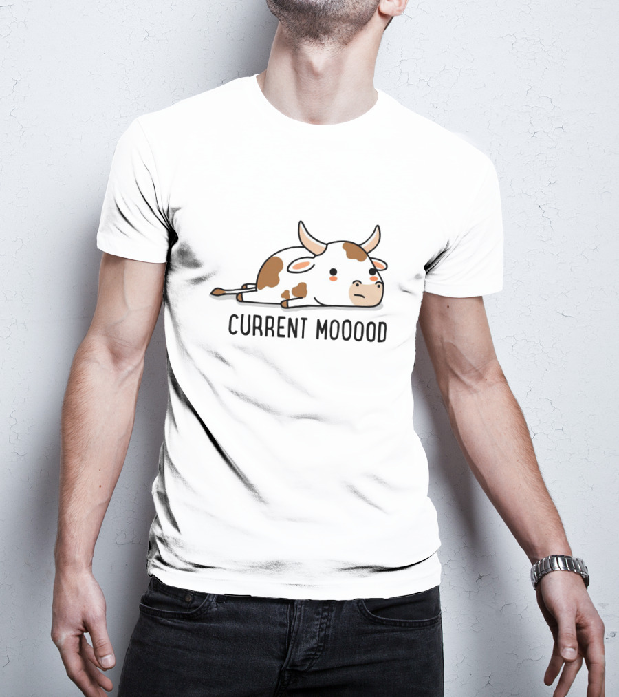 Current Mooood Lazy Cow Cartoon Lying Down T-Shirt