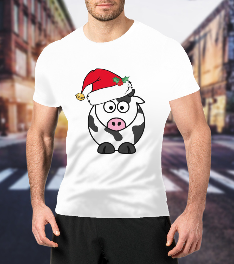 Cartoon Cow With Santa Hat And Holly Christmas Charm T-Shirt