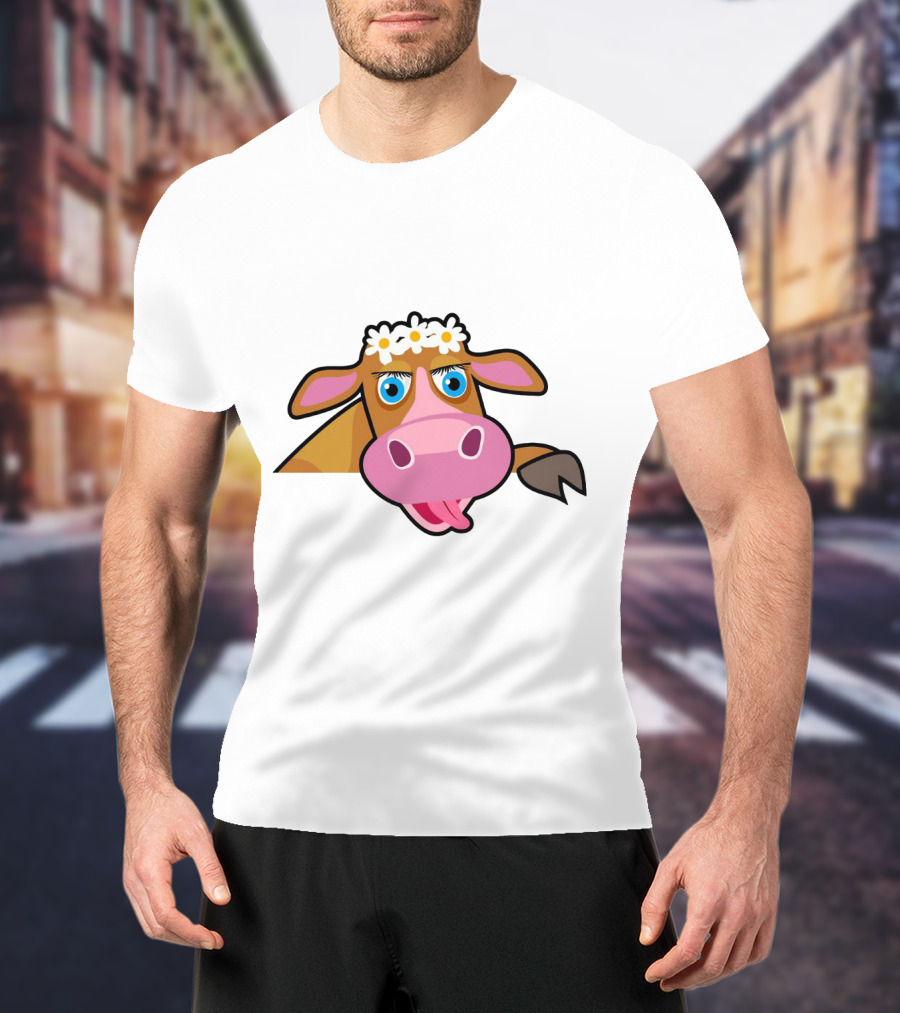 Farm Animals Cows Cute Cartoon Brown Cow With Daisy Headband T-Shirt