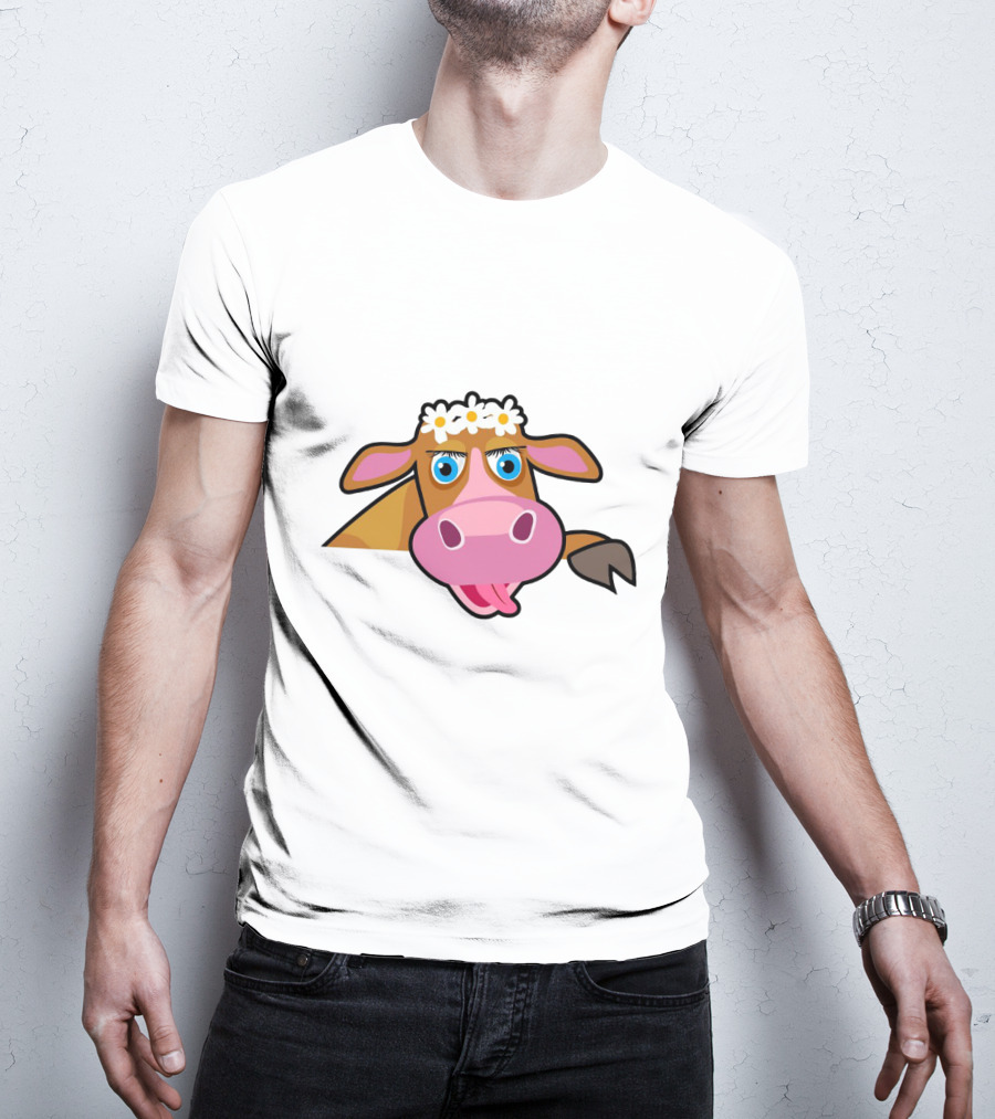 Farm Animals Cows Cute Cartoon Brown Cow With Daisy Headband T-Shirt
