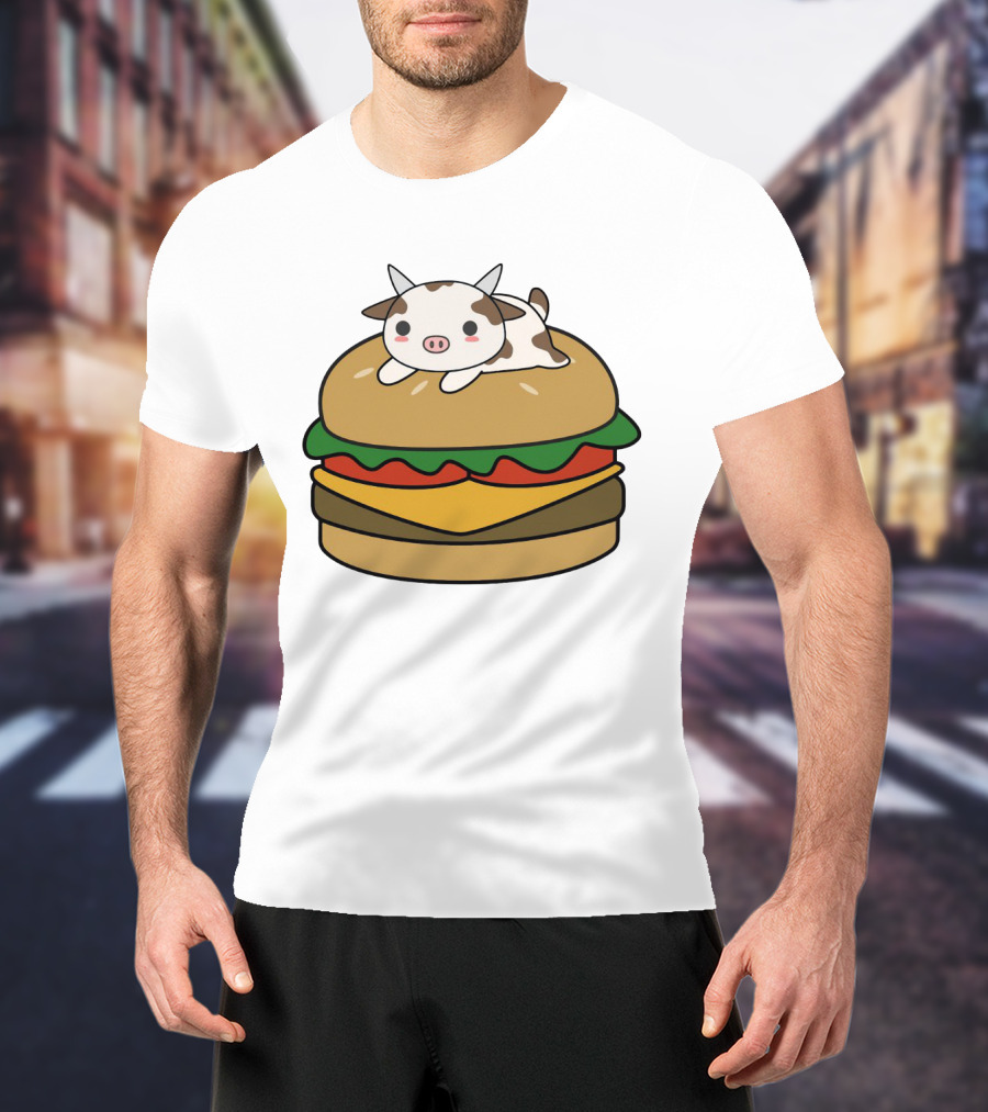 Funny Burger Cow Kawaii Cartoon Cheeseburger With Cute Animal Topping T-Shirt
